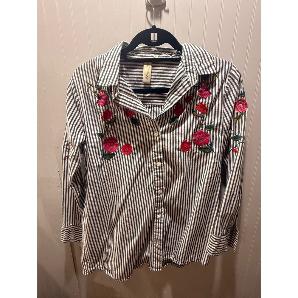 Allison Joy Embroidered Floral Striped Button Down Shirt Navy White Small